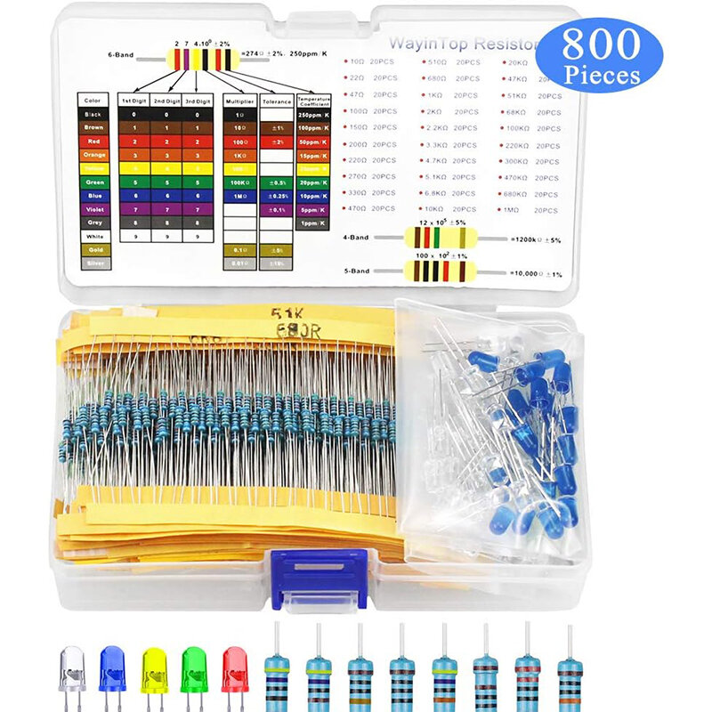 800PCS 300 Values Metal Film Resistor Kit with 5MM LED Light Kit 1% Accuracy 10-1M Electronic Components Kit