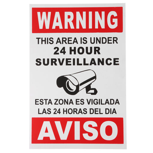 Picture of English Spanish Security Warning Sign Camera Sticker Warning This Area Is Under 24 Hour Surveillance