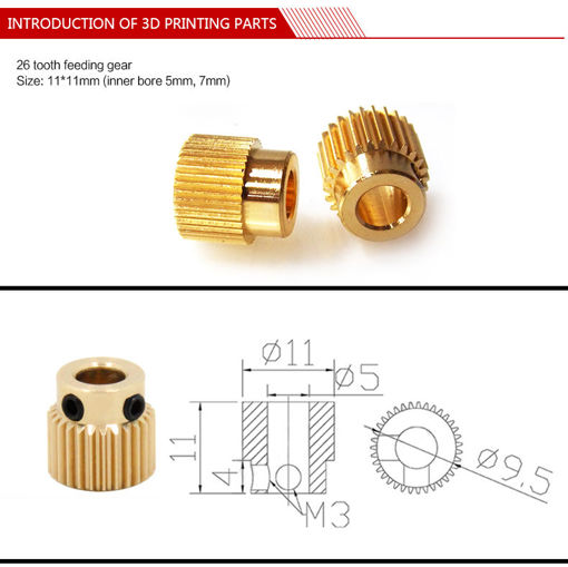 Picture of 3Pcs JGAURORA 26 Teeth 5mm Brass Extrusion Wheel Gear For 3D Printer