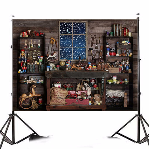 Picture of 7x5FT Christmas Theme Small Shop Gift Doll Tools Wooden Window Photography Background Backdrop