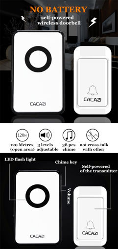 Immagine di CACAZI 38 Tunes Wireless Cordless Waterproof Doorbell Remote Control Door Bell Chime No Need Battery