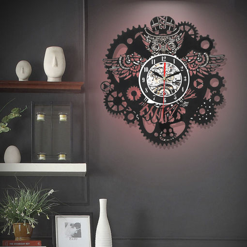 Immagine di Owl Vinyl Record Wall Clock Gear Cogs Night Owl Steampunk LED Wall Clock Home Decor Cogwheels Animal Wall Modern