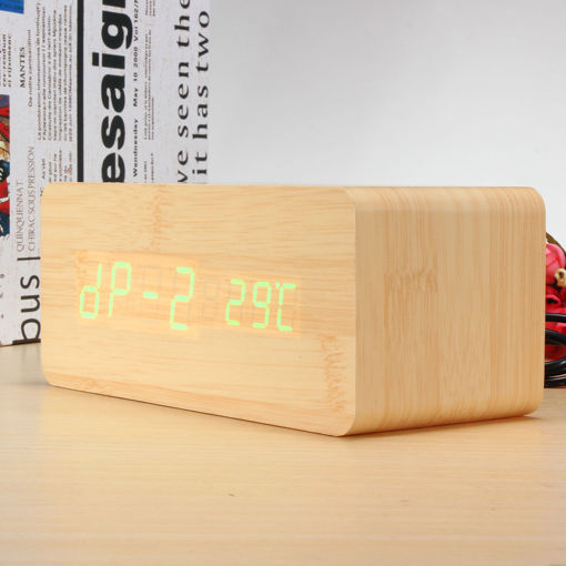 Picture of Digital LED Wooden Desk Alarm Clock With Thermometer Voice Control
