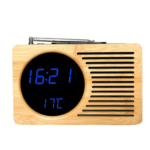 Picture of Retro Bamboo LED Digital FM Radio Alarm Clock Sound Control Time Date Temperature for Bedroom Office Home