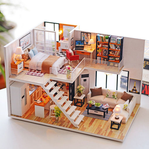 Picture of Loft Apartments Miniature Dollhouse Wooden Doll House Furniture LED Kit Christmas Birthday Gifts