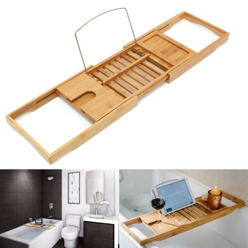 Picture of Luxury Bathroom Bamboo Bath Shelf Bridge Tub Caddy Tray Rack Wine Holder Bathtub Rack Support