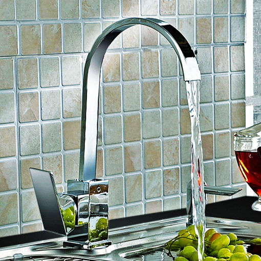 Picture of Kitchen Sink Faucet Mixer Tap Swivel Spout Chrome Brass Square Single Lever Mono