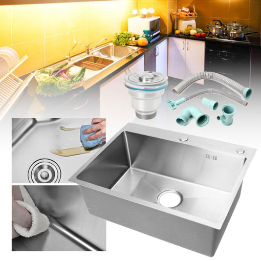 Picture of Stainless Steel Single Bowl Kitchen Sinks Commercial Home Top 60x45cm With Sewer Device Pipe Drainer