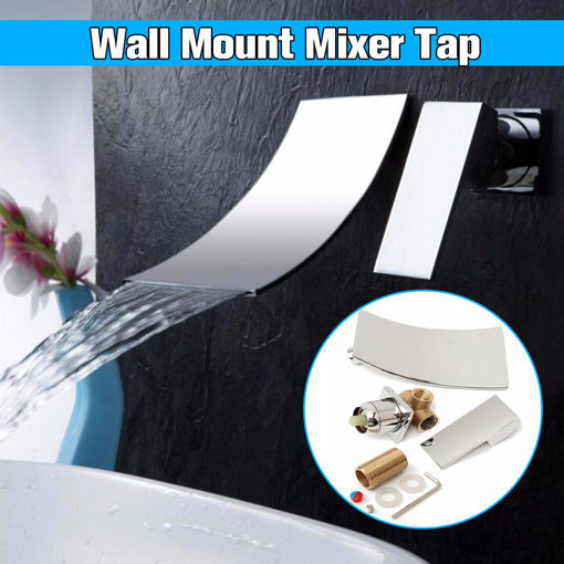 Immagine di Wall Mount Waterfall Mixer Tap Chrome Bathroom Sink Faucet Modern Basin Brass
