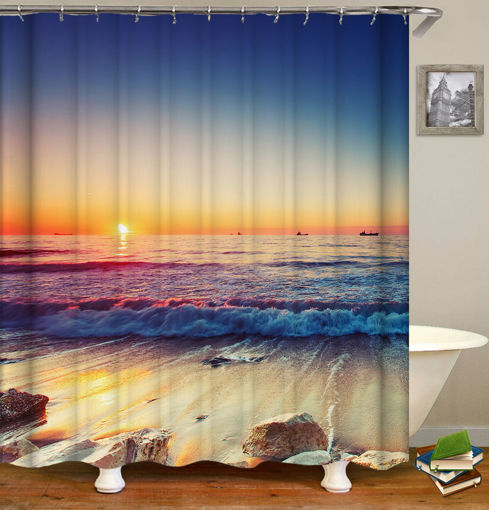 Picture of Waterproof Shower Curtain Non-Slip Rug Three Set  Bathroom Decor Blue Ocean Sunset