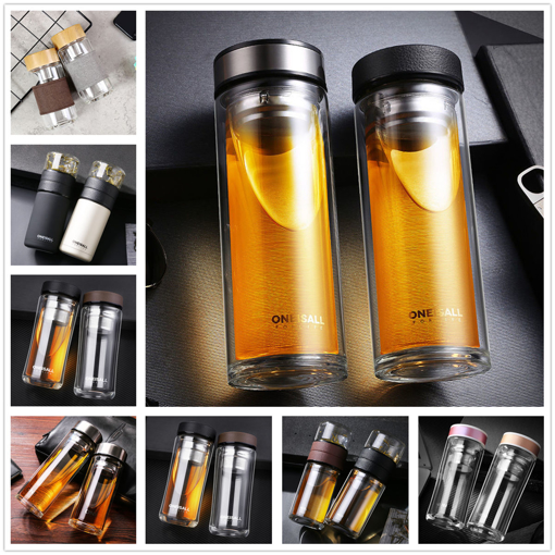 Picture of Large Glass Juice Water Bottle Double Walled Tea Infuser Mug With Travel Sleeve