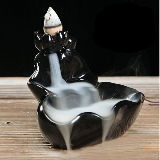 Picture of Lotus Backflow Incense Burner Holder Ceramic Glaze Fragrant Cone Censer Home Furnace Decor